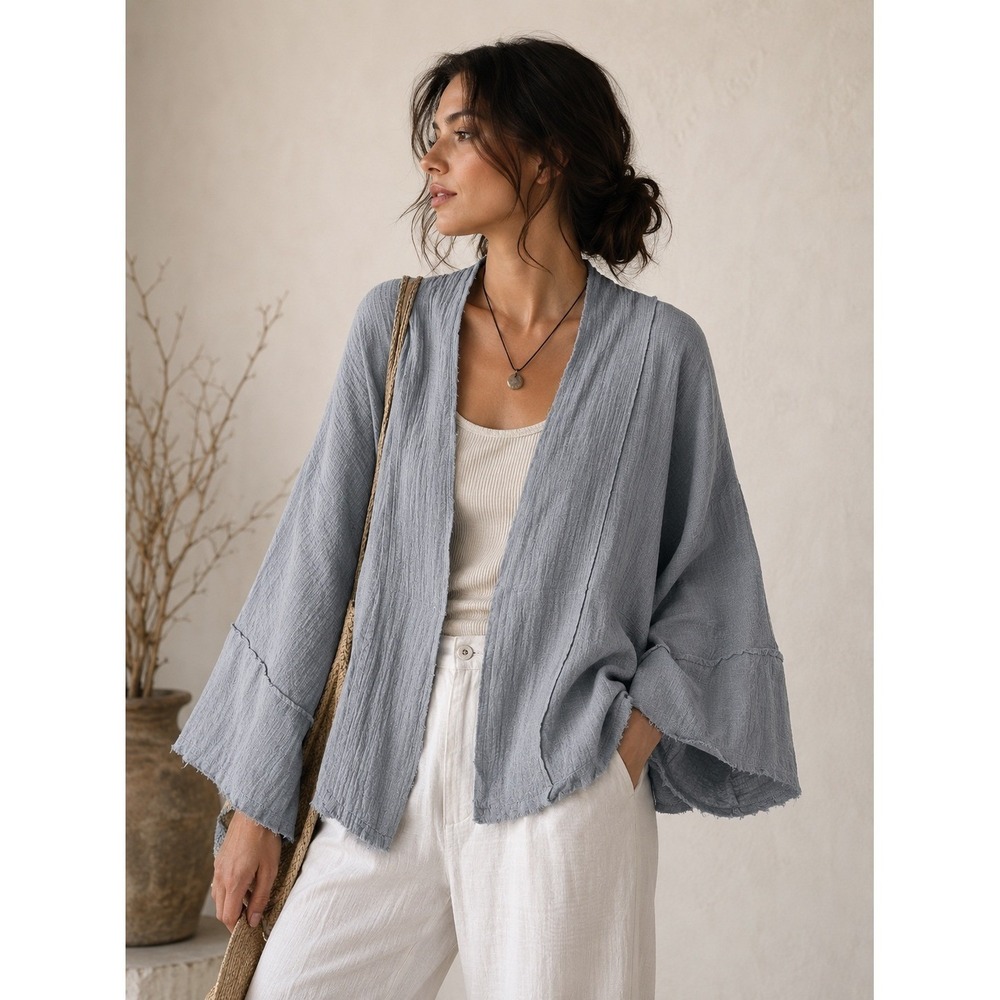 Soft Blue Gauze Cardigan Oversized Kimono Sleeve Coastal Layering M Lagenlook